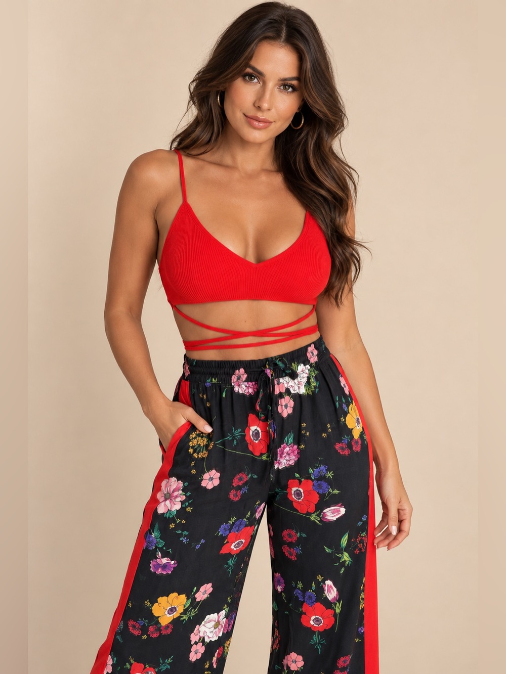 Zara Bright Red Ribbed Wrap Crop Top